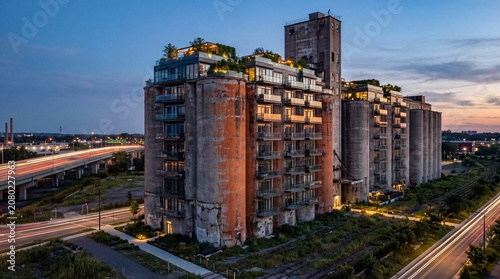 Converted grain silos with modern apartments and rooftop gardens at dusk