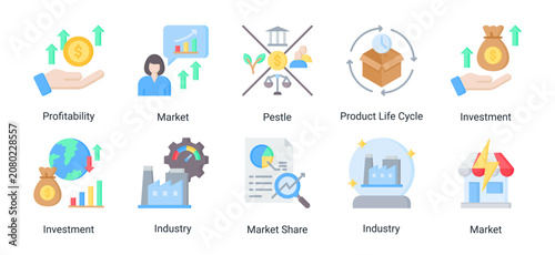 Fotografie Investment Analysis icon set featuring profitability analysis,market evaluation,business lifecycle assessment,and strategic investment decision making