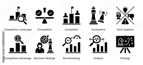 фотографія Competitive Strategy icon set featuring competitor evaluation,strategic analysis,benchmarking,competitive advantage,and business performance assessment