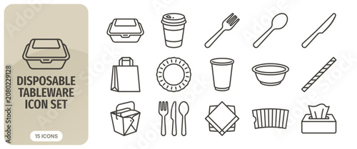 Canvas Print Disposable tableware icon set, food packaging and cutlery vector line icons