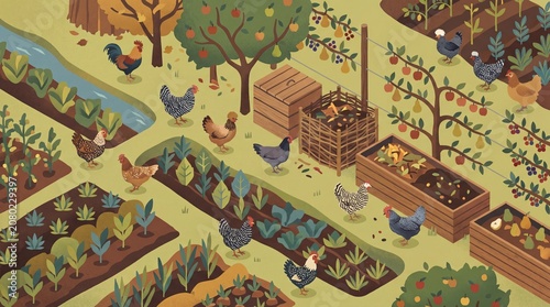 Isometric illustration of a permaculture garden with heritage chickens and compost bins