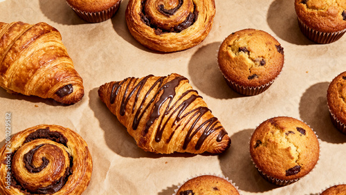 Принти на полотні Fresh pain au chocolat danish and muffins in flat lay