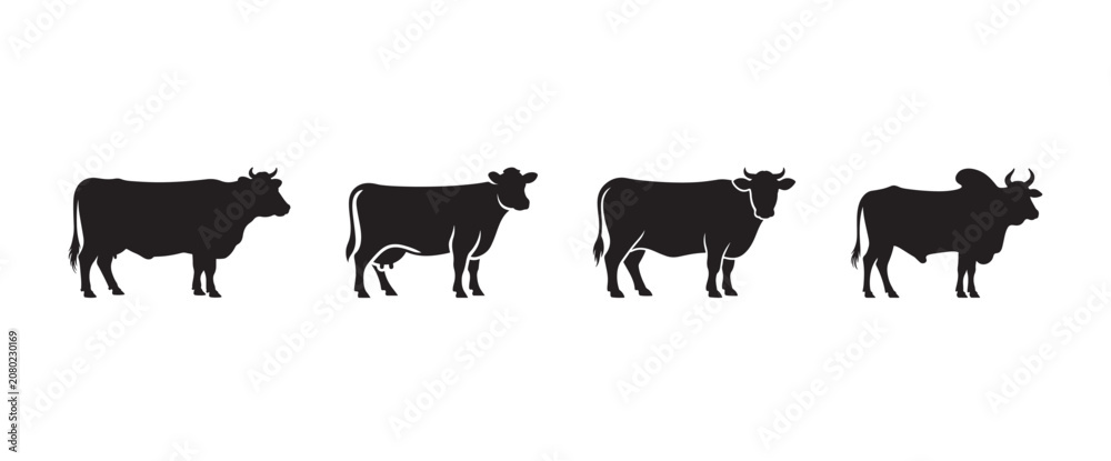 Fototapeta premium Cattle Silhouette Set Cow Dairy Bull Farm Agriculture Livestock Animals Vector