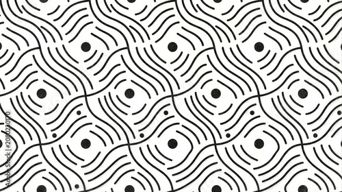 A sophisticated modern illustration featuring a decorative abstract seamless pattern of black wavy lines and geometric circles on a white background. Generative AI.