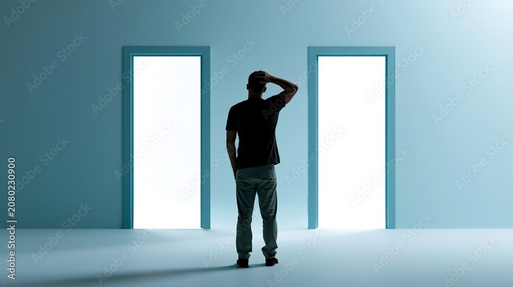 Fototapeta premium Back view full shot of confused male standing between two identical light blue trimmed open doorways, hand on head thinking, light blue wall plain grey floor, balanced minimalist composition