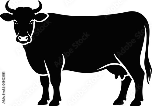 Photos Black cow standing on white background with horns and tail  farm animal