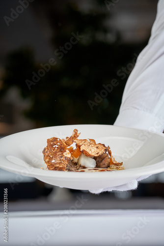 Waiter hands in white gloves holding white plate with gourmet appetizer and crispy chips. Luxury restaurant service.