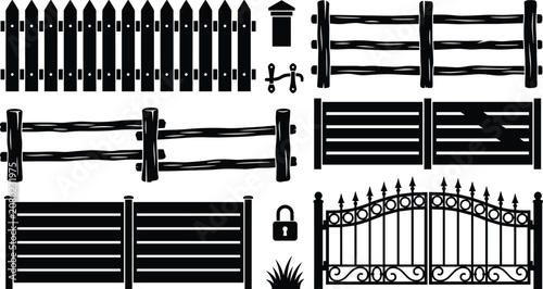 Wooden Fence and Wrought Iron Gate Silhouette Icon Set with Ranch, Picket, Security barriers, Padlock, and Hinge Elements