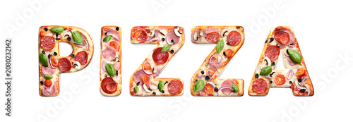 Pizza text word made from italian food