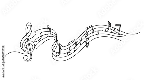 Quadro su tela Abstract musical notes flowing on a staff, treble clef, elegant line art