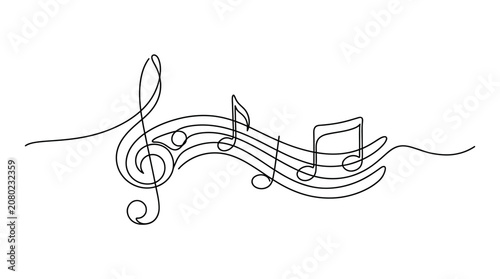 Foto Elegant continuous line drawing of musical notes and treble clef on a white back