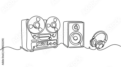 Schilderij op canvas Retro audio equipment: reel-to-reel tape recorder, speaker, and headphones, continuous line drawing