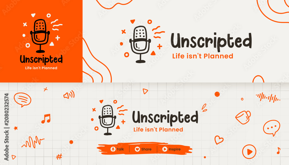 Naklejka premium Hand Drawn Podcast Microphone radio Logo design with Orange Doodle Elements