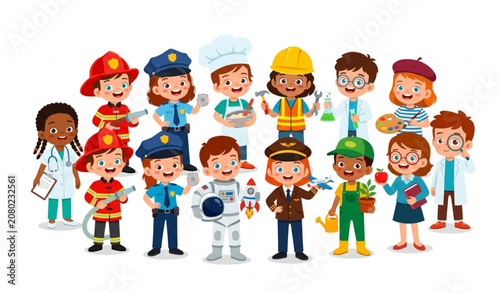Photos Happy Kids Playing Different Professional Roles Cartoon Vector Illustration