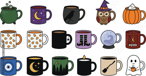Halloween Coffee Mug Clipart Collection with Pumpkin Ghost Witch Black Cat Autumn Cups Flat Vector Set