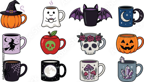 Cute Halloween Mug Clipart Set with Ghost Pumpkin Black Cat Skull Witch and Spooky Coffee Cups Vector Collection