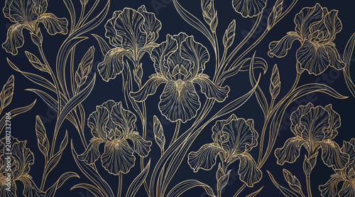 Φωτογραφία Seamless pattern with golden irises on a dark blue background