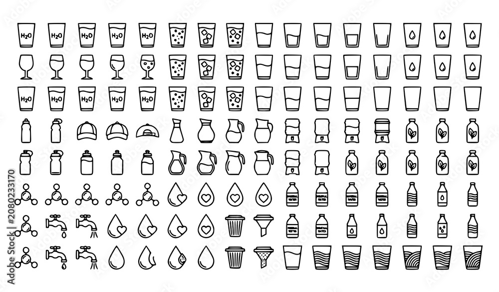 Fototapeta premium Water Glass Thin Line Icon Set with Drinkware Hydration and Beverage Vector Collection