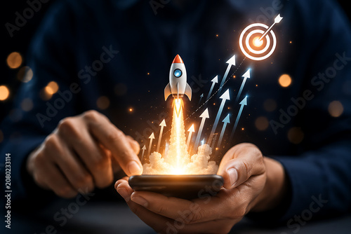 Rocket launching from smartphone with arrows aiming at during bright illumination concept
