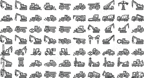 Construction vehicle linear icons collection with excavators scissor lifts bulldozers wheel loaders and commercial building transport outlines