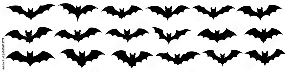 Fototapeta premium Horizontal Border of Flying Halloween Bats Isolated on White Background. Decorative Black Silhouettes for Greeting Cards, Social Media and Seasonal Banners.