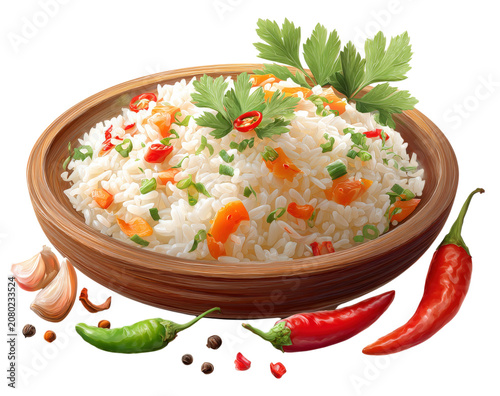 Steamed rice with chili peppers and herbs