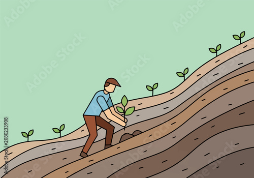 Konstfotografi Man planting green sprouts on a terraced hillside