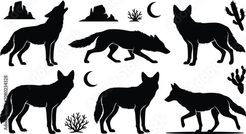 Fotografija Coyote and Wolf Silhouette Icon Set Featuring Howling, Prowling, and Standing Wi