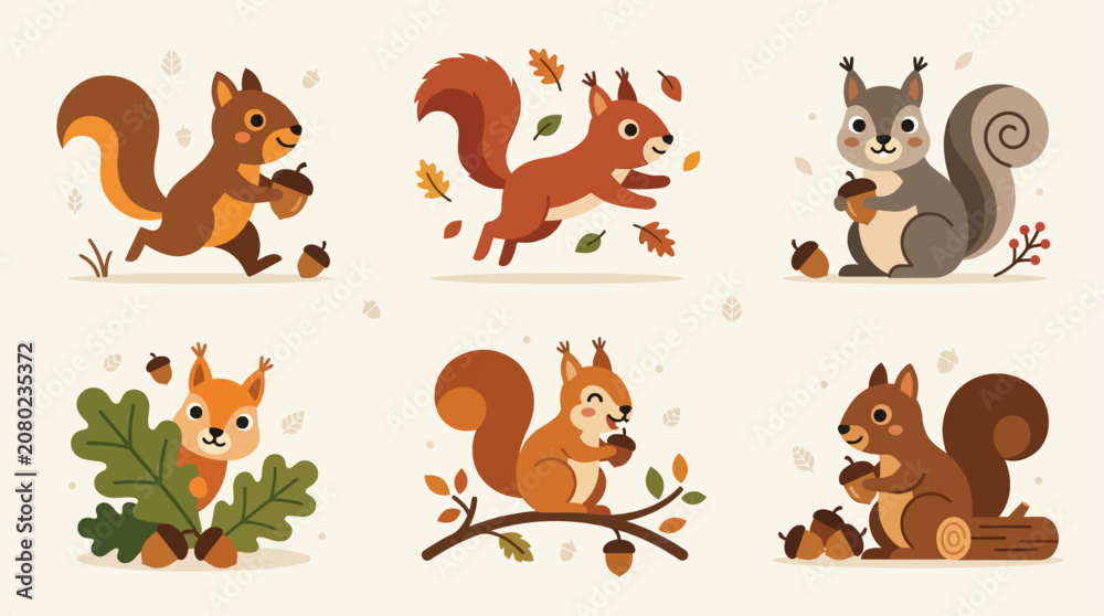 Obraz premium Flat Squirrel Designs Vector Set with 6 Adorable Cartoon Poses: Running, Jumping, Sitting, Hiding, Eating, and Gathering Acorns for Autumn Stickers and Woodland Forest Theme