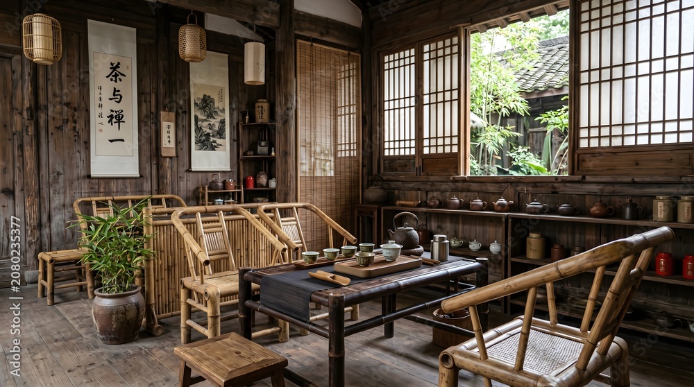Fototapeta premium Traditional Chinese tea house interior with bamboo furniture and tea set