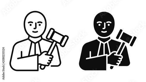 Konstfotografi Judge with Gavel: Two simplified illustrations of a judge holding a gavel, one in outline and the other in solid black, symbolizing justice and authority