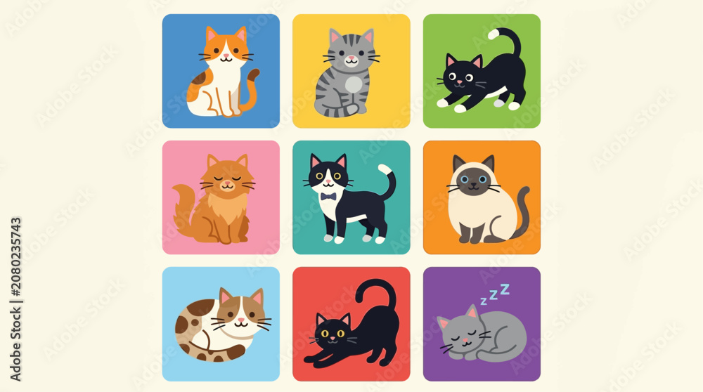 Obraz premium Cute 2D Flat Cat Breeds Vector Sticker Set with 9 Cartoon Square Badges: Calico, Tabby, Tuxedo, Persian, Siamese, and Sleeping Kitty in Bright Colors for Kids and Pet Lovers