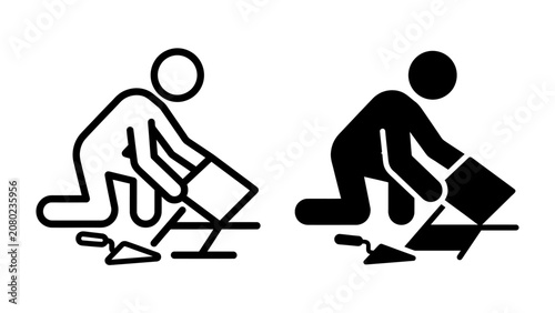 Schilderij op canvas Tiler Icon: A simple and clear icon depicting a person tiling a floor, with a trowel and tiles visible