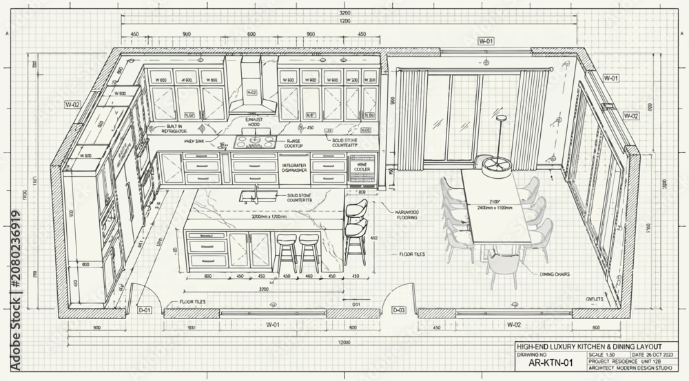 Fototapeta premium Isometric perspective drawing of a luxury kitchen and dining room layout
