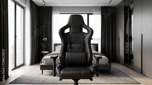 Modern Luxury Gaming Chair in Minimalist Contemporary Bedroom Interior with Soft Natural Light