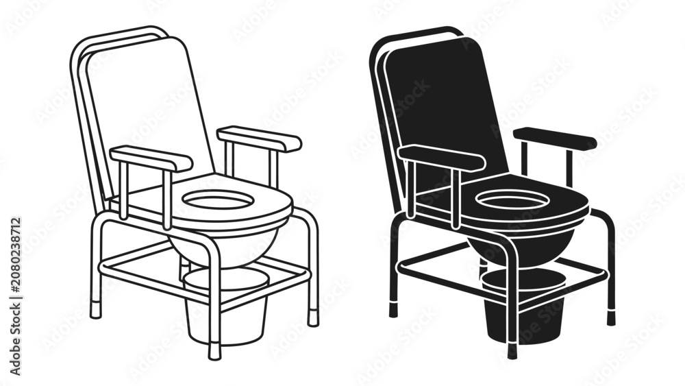Obraz premium Portable Commode Chair Illustration: A clear illustration depicts a portable commode chair in both line art and silhouette, showcasing its design for mobility assistance.