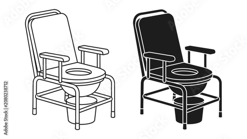 Bild auf Leinwand Portable Commode Chair Illustration: A clear illustration depicts a portable commode chair in both line art and silhouette, showcasing its design for mobility assistance