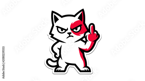 Cuadro en lienzo Angry Cat Flipping Off Middle Finger Gesture, Cartoon Style, White Background