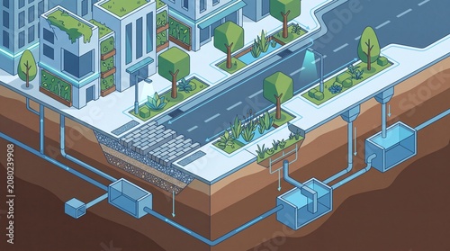 Sponge city cross-section illustration with permeable pavement and underground water system