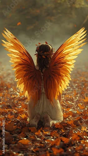 Girl with Autumn Leaf Wings Sitting in Fall Forest, Fantasy Concept of Nature Fairy with Flower Crown Among Orange Leaves