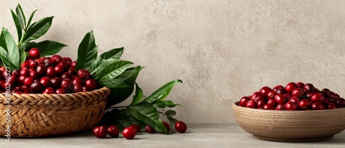 Fresh Coffee Cherries and Green Leaves on Neutral Background