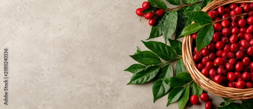 Fresh Coffee Cherries in a Basket on Rustic Background