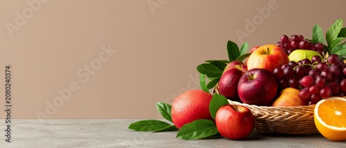Fresh Fruit Basket on Wooden Table with Simple Background