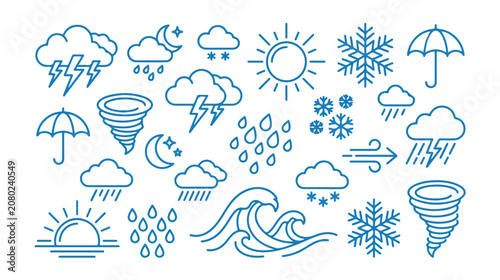 Фотография Weather forecast line icon set, 25 blue outline vector symbols for meteorology a