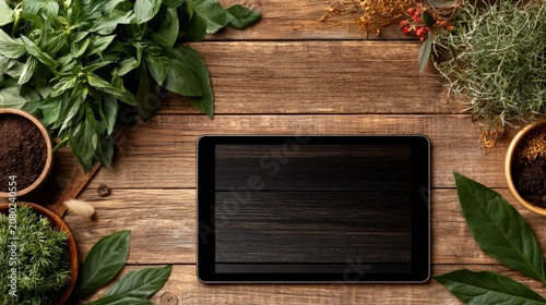 Digital Tablet Surrounded by Fresh Plants on Wooden Background