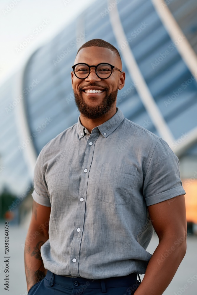 Fototapeta premium Smiling man with glasses standing in front of futuristic curved architecture for professional profile background and website banner