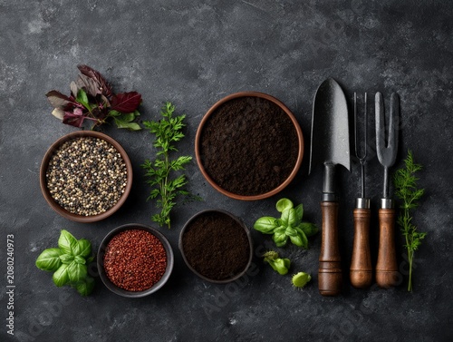 Seeds and Soil Arrangement with Gardening Tools and Fresh Herbs