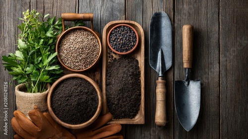 Flat Lay of Farming Tools, Seeds, Gloves, and Fresh Herbs