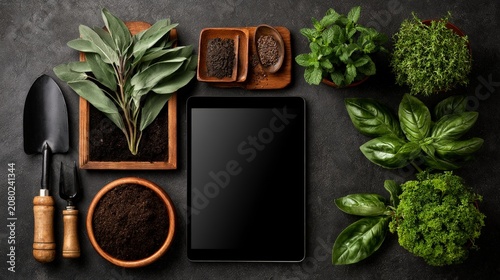 Flat Lay View of Gardening Tools, Seeds, and Tablet for Farming