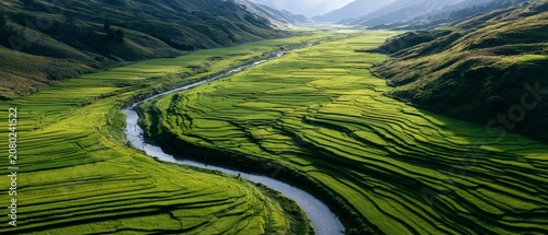 Aerial View of Lush Rice Fields with Farmers Working in Harmony